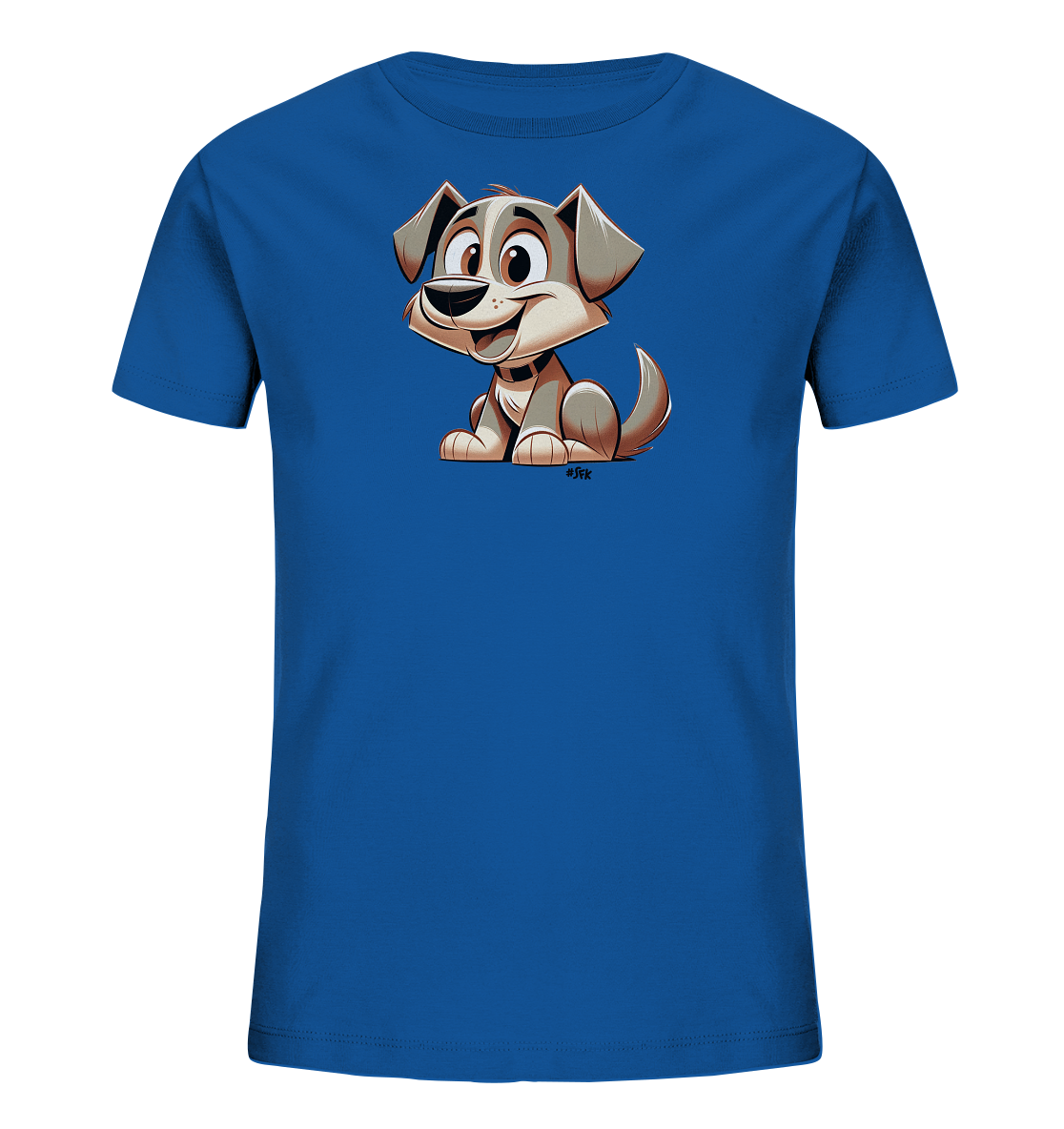 Onlineshop Shirts fuer Kinder - Das Bild zeigt ein blaues T-Shirt fuer Kinder mit einem freundlichen Comic-Hundemotiv auf der Vorderseite. Der Hund hat grosse Ohren und ein breites Laecheln. Das Design ist farbenfroh und detailliert gestaltet. Es ist ein froehliches Motiv fuer Kindermode.