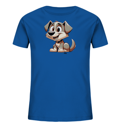 Onlineshop Shirts fuer Kinder - Das Bild zeigt ein blaues T-Shirt fuer Kinder mit einem freundlichen Comic-Hundemotiv auf der Vorderseite. Der Hund hat grosse Ohren und ein breites Laecheln. Das Design ist farbenfroh und detailliert gestaltet. Es ist ein froehliches Motiv fuer Kindermode.