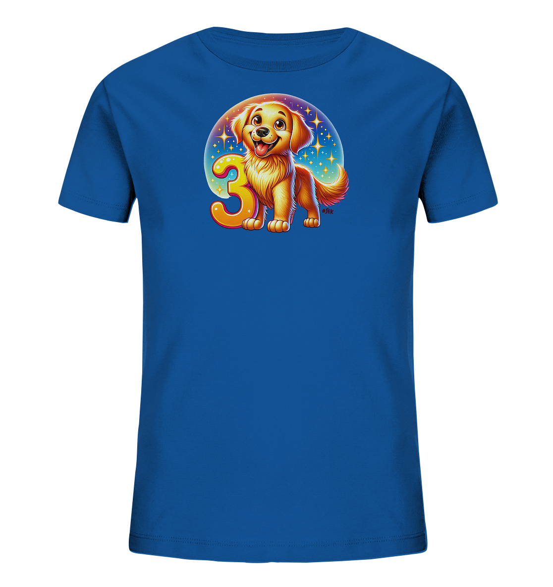 Onlineshop Shirts fuer Kinder - Das Bild zeigt ein blaues Kinder-T-Shirt mit einem froehlichen Motiv auf der Vorderseite. Im Zentrum der Grafik steht ein laechelnder, cartoonhafter Hund neben der grossen Zahl '3'. Dahinter befindet sich ein heller Kreis mit funkelnden Sternen. Das Design wirkt insgesamt sehr farbenfroh und ansprechend.