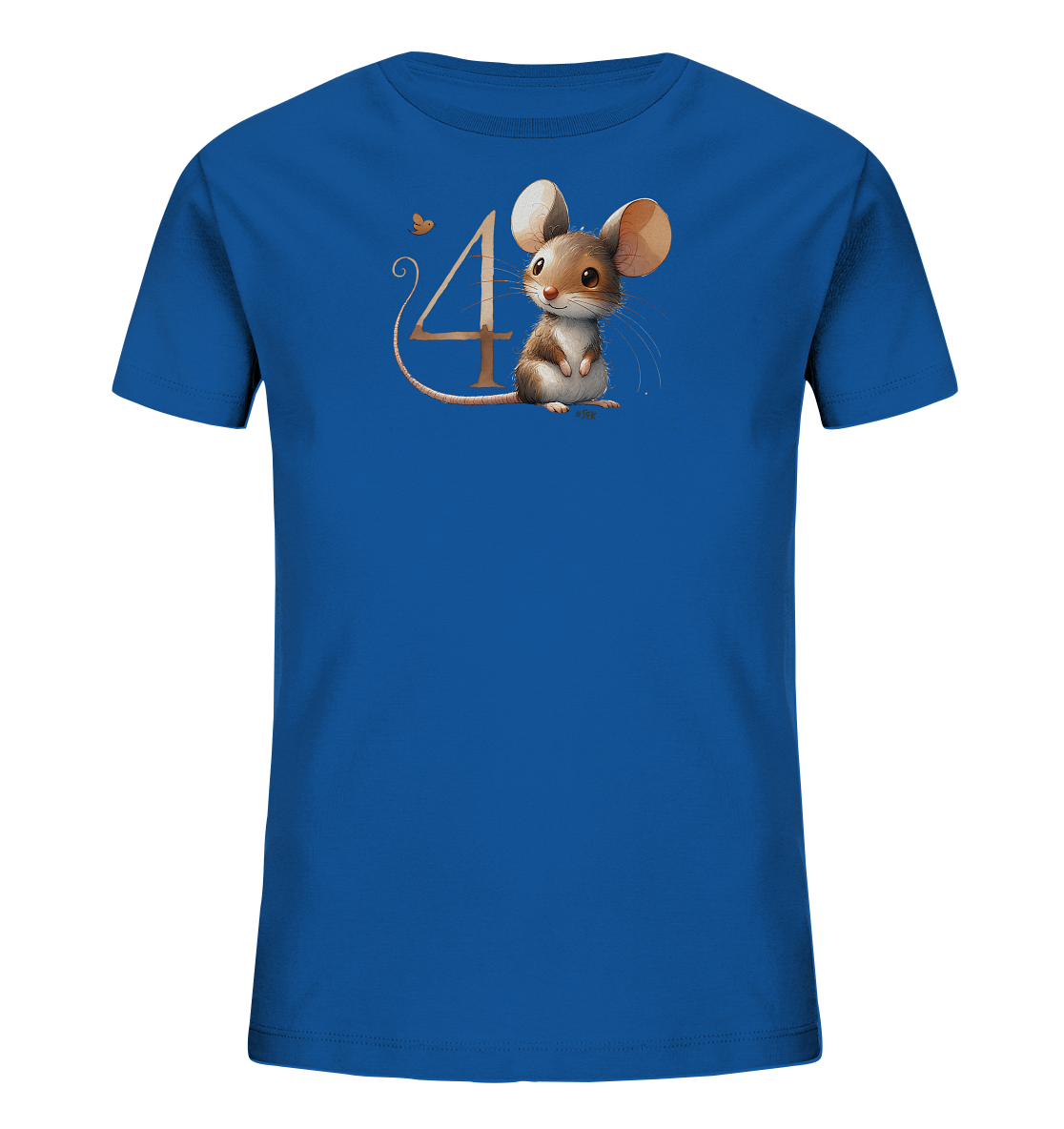 Onlineshop Shirts fuer Kinder - Das Bild zeigt ein leuchtend blaues T-Shirt fuer Kinder. Auf der Vorderseite ist eine suesse, sitzende Maus mit grossen Ohren abgebildet. Neben der Maus befindet sich die Zahl '4', kuenstlerisch in einem warmen Farbton gestaltet. Eine kleine Schmetterlingsgrafik ergaenzt das verspielte Motiv auf dem Shirt.