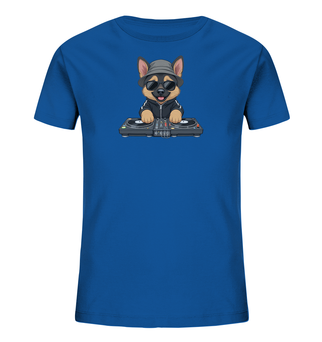 Onlineshop Shirts fuer Kinder - Das Bild zeigt ein leuchtend blaues T-Shirt fuer Kinder. Auf der Vorderseite ist eine Cartoon-Illustration eines Hundes zu sehen, der als DJ dargestellt ist. Der Hund traegt eine Muetze, Sonnenbrille und eine Jacke und steht hinter einem DJ-Pult mit Plattenspielern. Das Design verleiht dem Shirt einen laessigen und coolen Charakter.