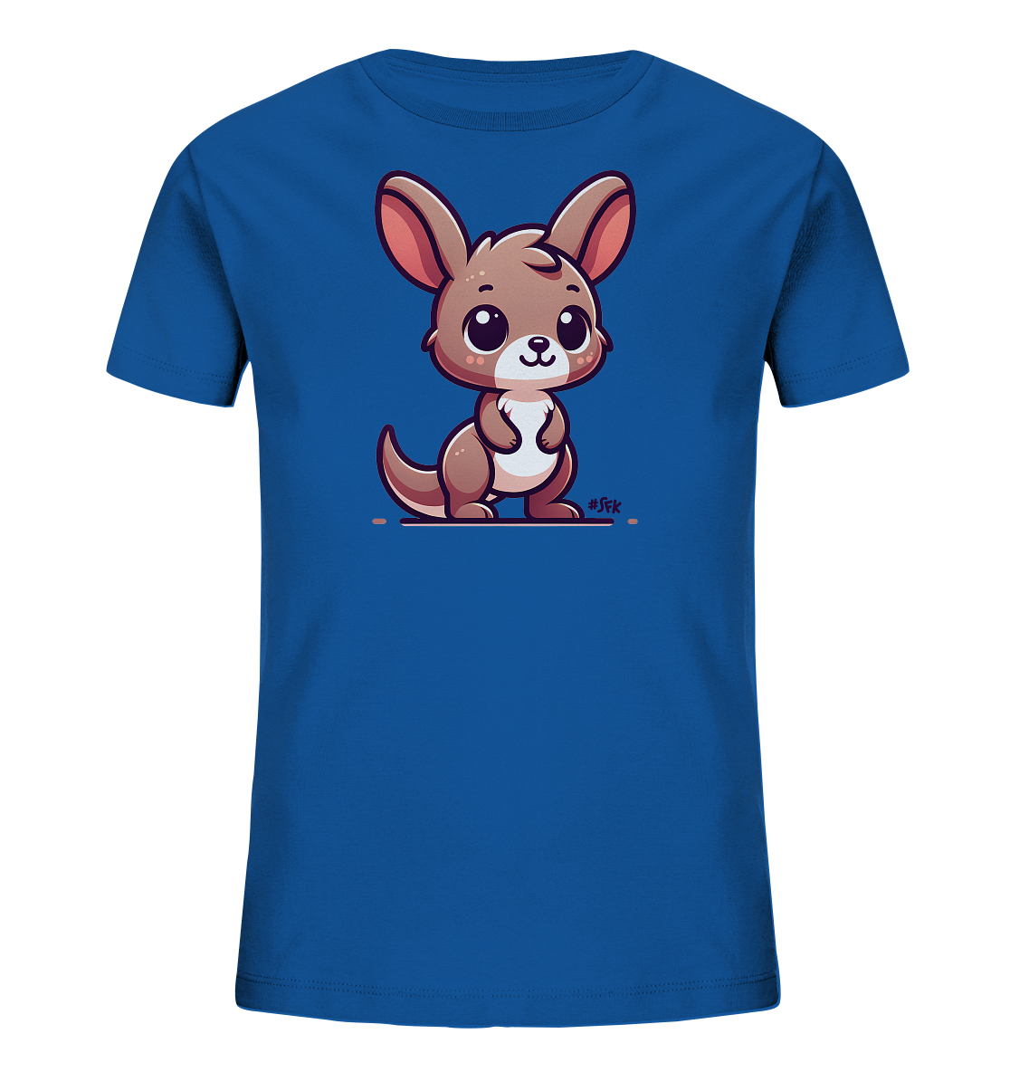 Onlineshop Shirts fuer Kinder - Das Bild zeigt ein blaues T-Shirt fuer Kinder mit einer niedlichen Cartoon-Illustration eines Kaengurus auf der Vorderseite. Das Kaenguru ist braun und beige, hat grosse Ohren und Kulleraugen und steht auf einer einfachen Linie. Die Darstellung ist kindgerecht und freundlich gestaltet.
