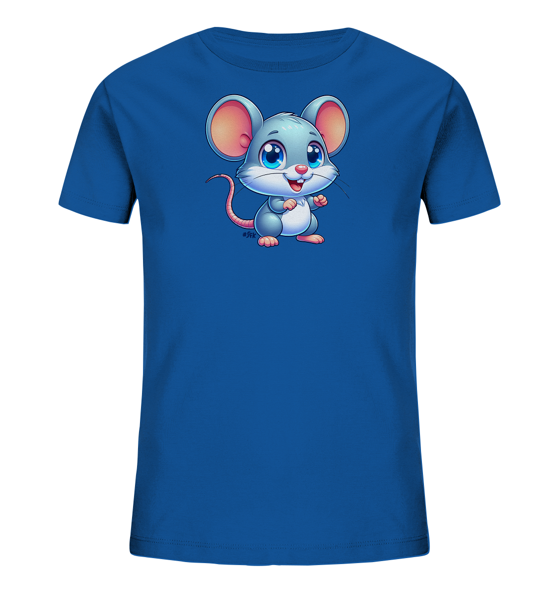 Onlineshop Shirts fuer Kinder - Das Bild zeigt ein blaues Kinder T-Shirt. Auf der Vorderseite ist eine suesse Cartoon-Maus abgebildet. Die Maus ist grau, hat grosse pinke Ohren und blaue Augen. Sie laechelt und steht auf ihren Hinterbeinen.