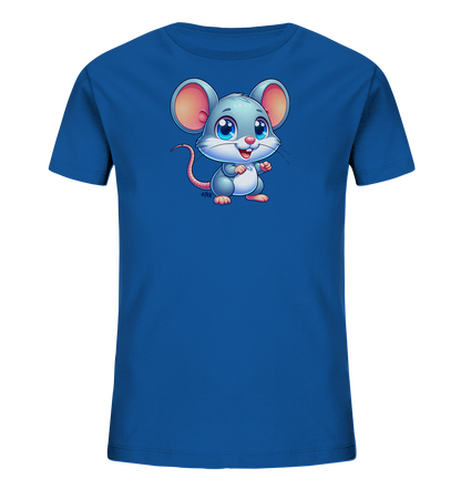 Onlineshop Shirts fuer Kinder - Das Bild zeigt ein blaues Kinder T-Shirt. Auf der Vorderseite ist eine suesse Cartoon-Maus abgebildet. Die Maus ist grau, hat grosse pinke Ohren und blaue Augen. Sie laechelt und steht auf ihren Hinterbeinen.