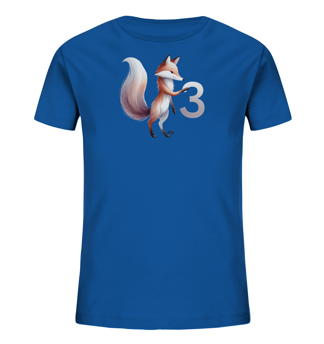 Onlineshop Shirts fuer Kinder - Das Bild zeigt ein blaues Kinder-T-Shirt. Auf der Vorderseite ist eine niedliche Illustration eines Fuchses zu sehen. Der Fuchs steht aufrecht und haelt die grosse Zahl "3" in seinen Pfoten. Dieses Design ist verspielt und farbenfroh.