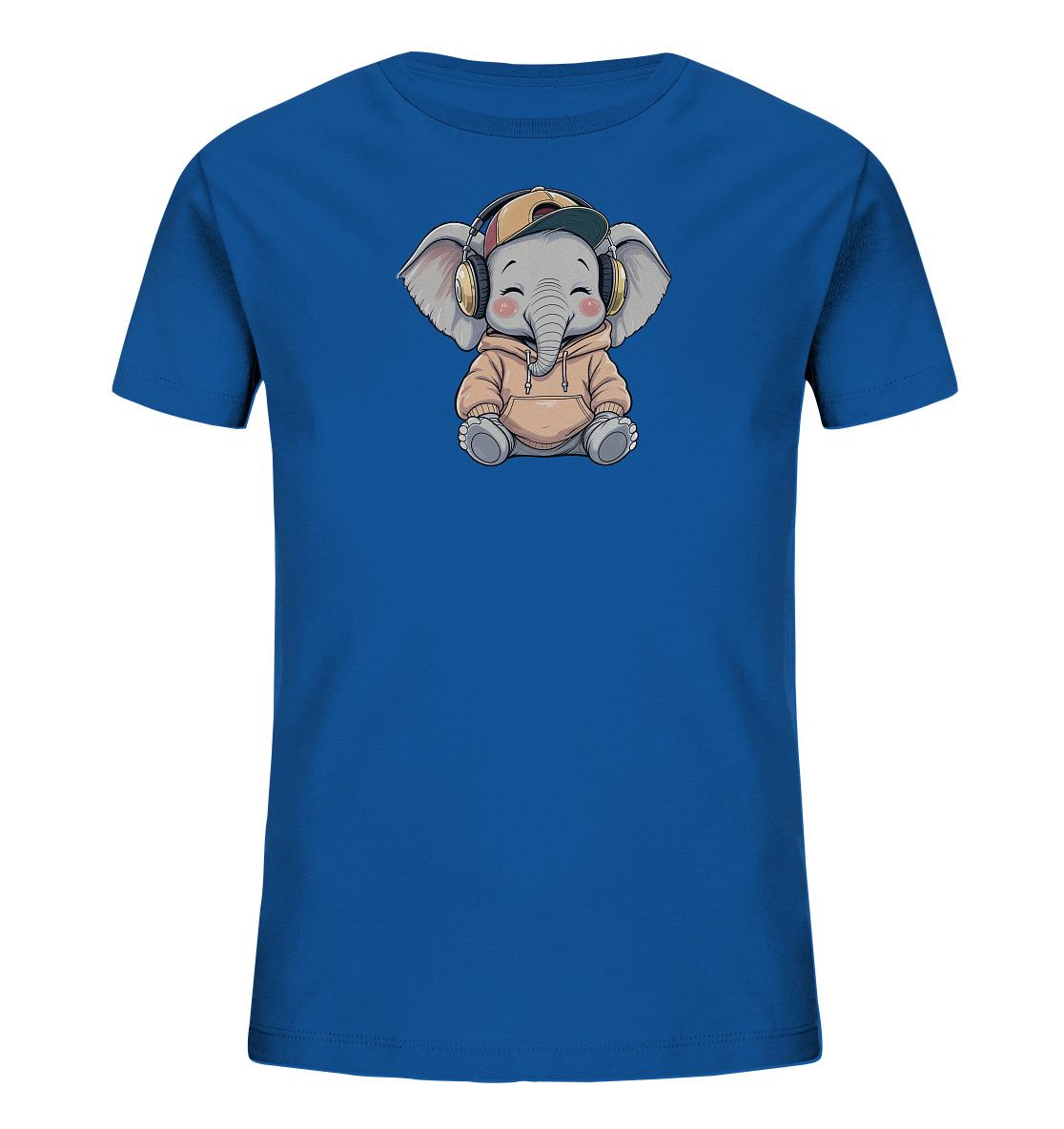 Onlineshop Shirts fuer Kinder - Das Bild zeigt ein blaues Kinder-T-Shirt mit einer niedlichen Illustration eines sitzenden Baby-Elefanten. Der Elefant traegt einen hellbraunen Hoodie, goldene Kopfhoerer und eine Baseballkappe. Sein Gesichtsausdruck ist gluecklich mit geschlossenen Augen und roten Baeckchen. Dieses verspielte Design verleiht dem Shirt einen froehlichen und modernen Look.