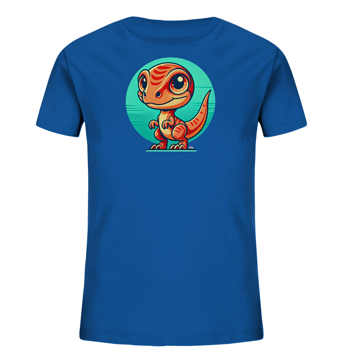 Onlineshop Shirts fuer Kinder - Das Bild zeigt ein blaues Kinder T-Shirt mit einem froehlichen Design auf der Vorderseite. Im Zentrum ist ein niedlicher, oranger Cartoon-Dinosaurier mit roten Streifen und grossen Augen abgebildet. Er steht vor einem runden, tuerkisfarbenen Hintergrund mit Streifen. Das Motiv wirkt verspielt und ansprechend fuer Kinder.