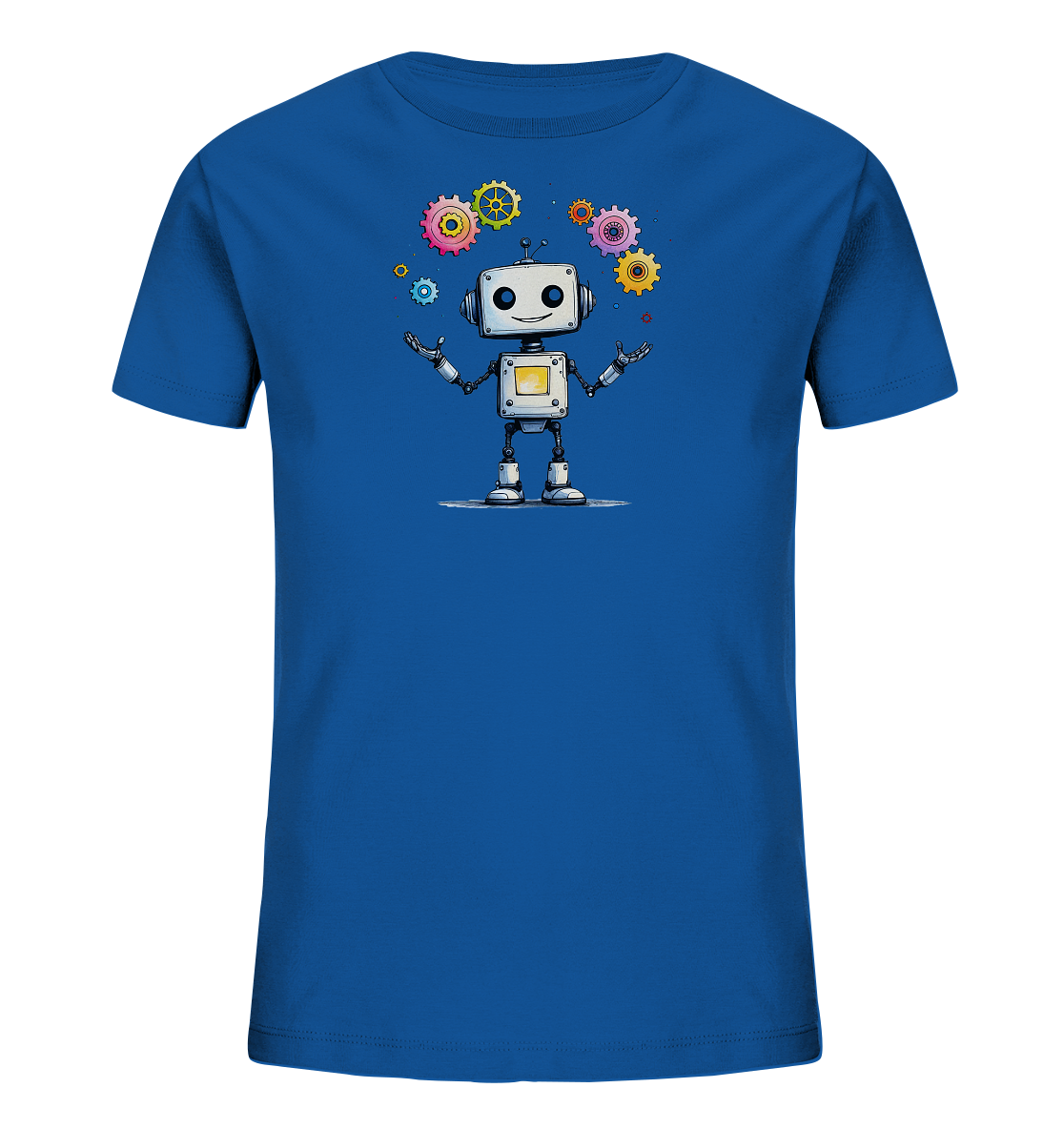 Onlineshop Shirts für Kinder - Das Bild zeigt ein blaues Kinder-T-Shirt mit einem Druckmotiv eines freundlichen Roboters auf der Vorderseite. Der weiße Roboter hat einen rechteckigen Kopf mit runden Augen und einem Lächeln sowie eine Antenne. Um den Roboter herum schweben mehrere bunte Zahnräder in verschiedenen Größen und Farben wie Pink, Gelb, Orange, Blau und Grün. Das Design wirkt verspielt und technisch inspiriert, ideal für junge Entdecker.