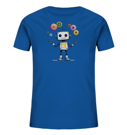 Onlineshop Shirts für Kinder - Das Bild zeigt ein blaues Kinder-T-Shirt mit einem Druckmotiv eines freundlichen Roboters auf der Vorderseite. Der weiße Roboter hat einen rechteckigen Kopf mit runden Augen und einem Lächeln sowie eine Antenne. Um den Roboter herum schweben mehrere bunte Zahnräder in verschiedenen Größen und Farben wie Pink, Gelb, Orange, Blau und Grün. Das Design wirkt verspielt und technisch inspiriert, ideal für junge Entdecker.