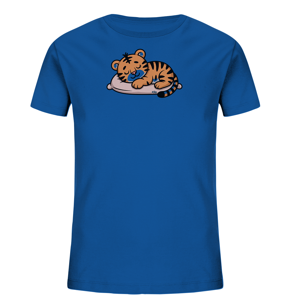 Onlineshop Shirts fuer Kinder - Das Bild zeigt ein kraeftig blaues T-Shirt fuer Kinder. Auf der Vorderseite befindet sich eine niedliche Illustration eines schlafenden Tigerbabys. Das orange-gestreifte Tigerbaby liegt friedlich auf einem hellen Kissen. Das Design ist verspielt und kindgerecht.