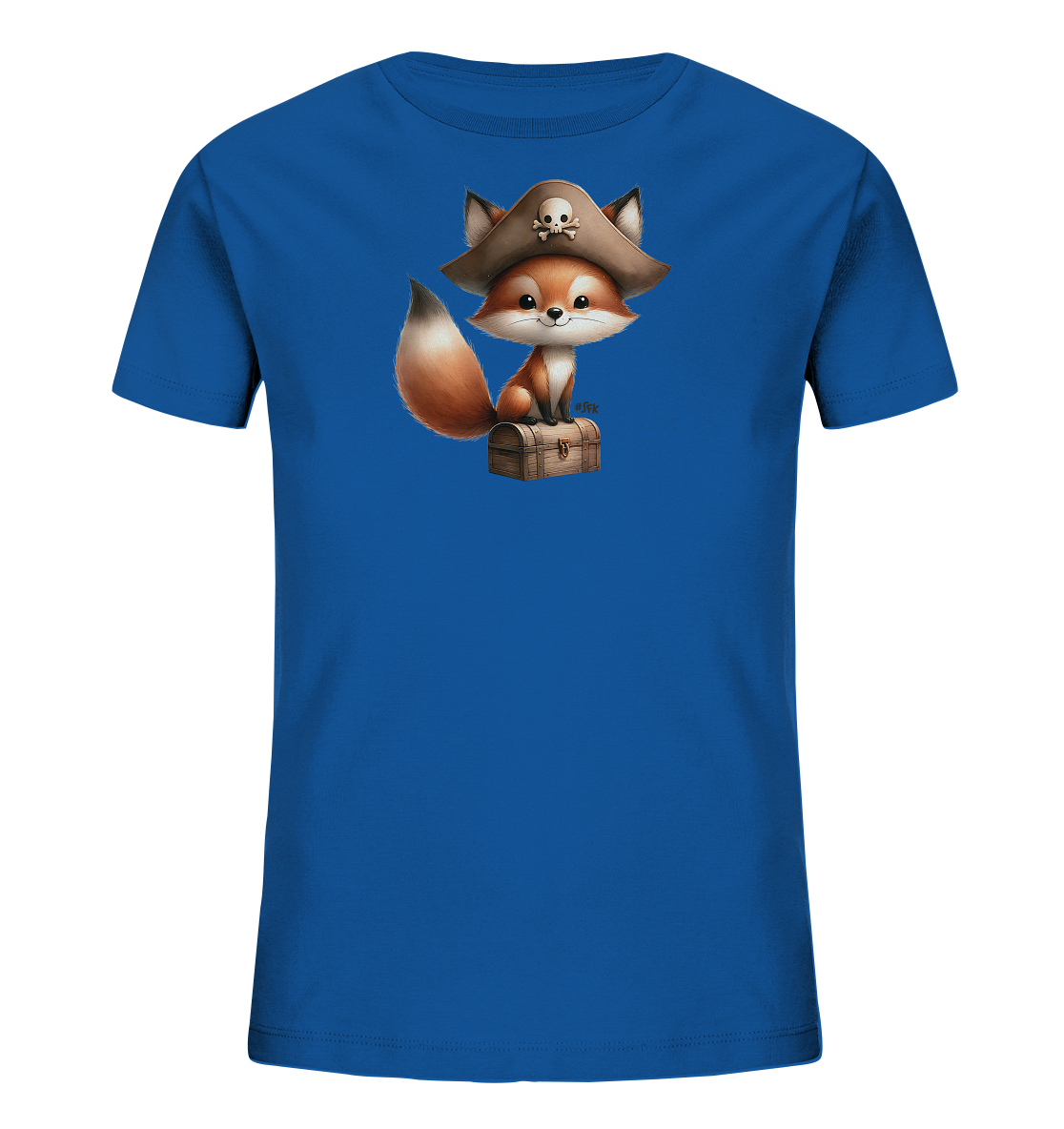 Onlineshop Shirts fuer Kinder - Das blaue T-Shirt zeigt einen suessen Comic-Fuchs mit Piratenhut und Totenkopfsymbol. Der Fuchs sitzt auf einer detailreichen Schatzkiste. Das Motiv wirkt verspielt und abenteuerlich.