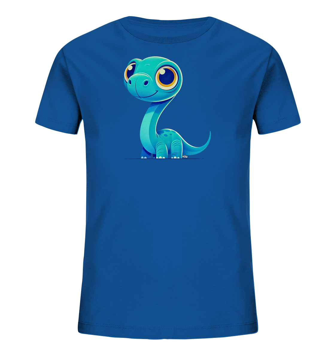 Kinder-T-Shirt mit freundlichem blauem Cartoon-Wesen auf der Brust.