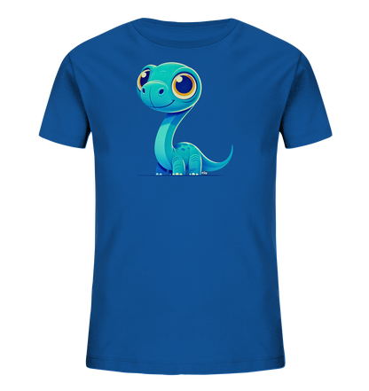 Kinder-T-Shirt mit freundlichem blauem Cartoon-Wesen auf der Brust.
