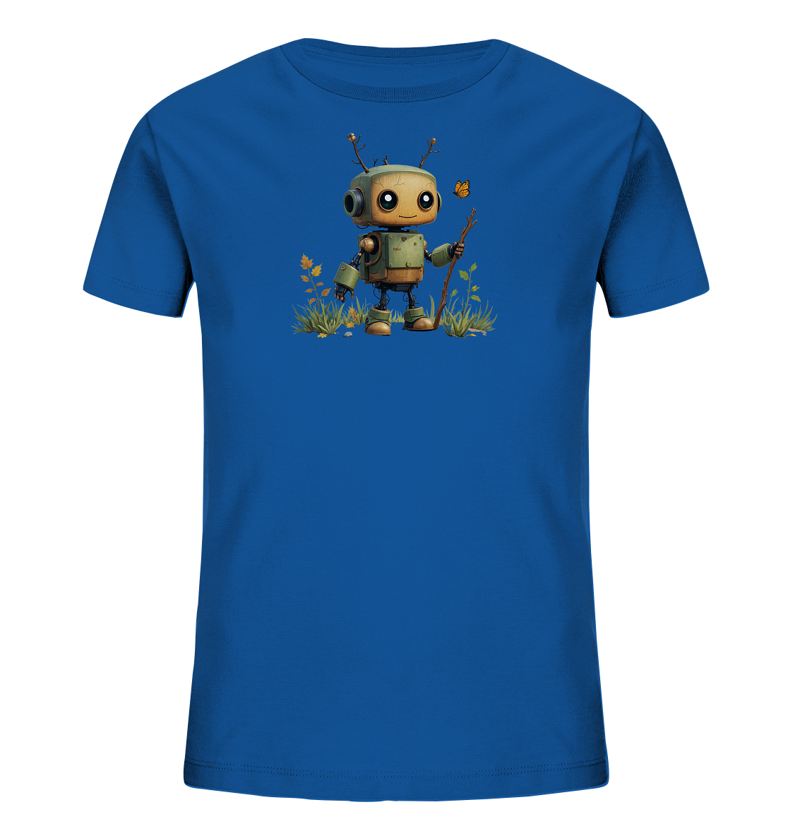 Onlineshop Shirts für Kinder - Das Bild zeigt ein leuchtend blaues T-Shirt für Kinder. Auf der Vorderseite ist eine Illustration eines niedlichen Roboters zu sehen. Der Roboter hat einen grünlich-grauen Körper, große Augen, Antennen aus Zweigen und hält einen Stock in der Hand. Er steht in einer Wiese mit Gras, Blättern und einem kleinen Schmetterling, was eine freundliche Szene darstellt.