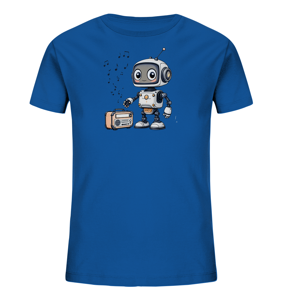 Onlineshop Shirts für Kinder - Das Bild zeigt ein kräftig blaues T-Shirt für Kinder, das mit einer grafischen Darstellung eines Roboters und eines Radios bedruckt ist. Der Roboter in Weiß- und Grautönen mit orangen Details steht neben einem altmodischen, orangefarbenen Radio. Über dem Radio und dem Roboter schweben mehrere schwarze Musiknoten, was eine musikalische Szene andeutet. Das Design ist verspielt und eignet sich gut als Motiv für Kinderkleidung.