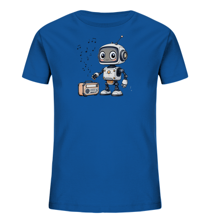 Onlineshop Shirts für Kinder - Das Bild zeigt ein kräftig blaues T-Shirt für Kinder, das mit einer grafischen Darstellung eines Roboters und eines Radios bedruckt ist. Der Roboter in Weiß- und Grautönen mit orangen Details steht neben einem altmodischen, orangefarbenen Radio. Über dem Radio und dem Roboter schweben mehrere schwarze Musiknoten, was eine musikalische Szene andeutet. Das Design ist verspielt und eignet sich gut als Motiv für Kinderkleidung.