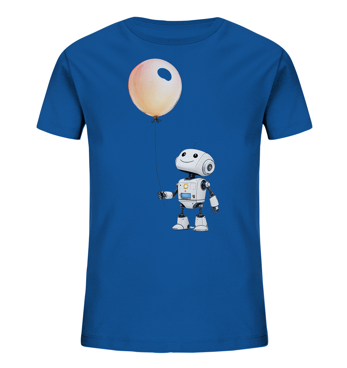 Onlineshop Shirts für Kinder - Das Bild zeigt ein blaues T-Shirt mit einem niedlichen Motiv auf der Vorderseite. Abgebildet ist ein kleiner, weißer Roboter mit einem freundlichen Lächeln und großen Augen. Der Roboter hält an einer dünnen Schnur einen großen, runden Ballon in einem hellen Orangeton. Das Design ist modern und spricht Kinder an, die Technik und spielerische Motive mögen.