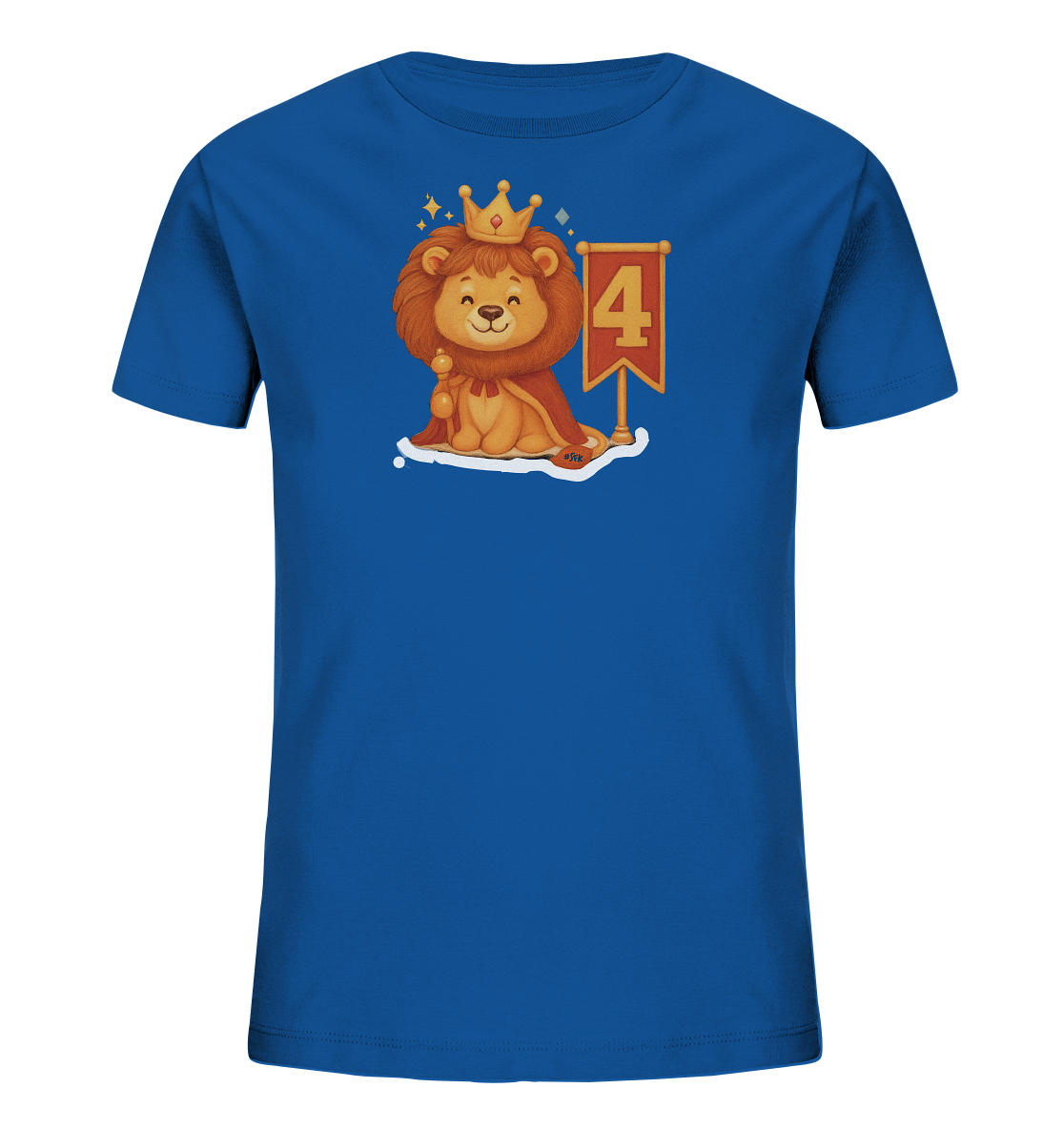 Onlineshop Shirts fuer Kinder - Das Bild zeigt ein blaues T-Shirt mit einer niedlichen Illustration eines Loewenkoenigs. Der Loewe traegt eine Krone und einen roten Umhang und sitzt neben einem Banner mit der Zahl 4. Kleine Sterne umrahmen den Loewen, was dem Design einen koeniglichen und festlichen Touch verleiht. Dieses Motiv eignet sich hervorragend fuer kleine Geburtstagskinder.