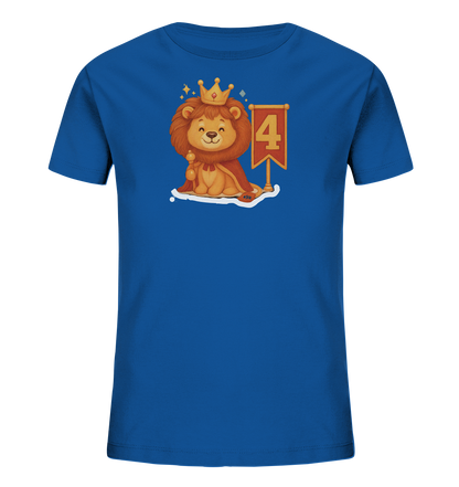 Kinder T-Shirt mit Löwenkönig, Krone, rotem Umhang und Zahl 4