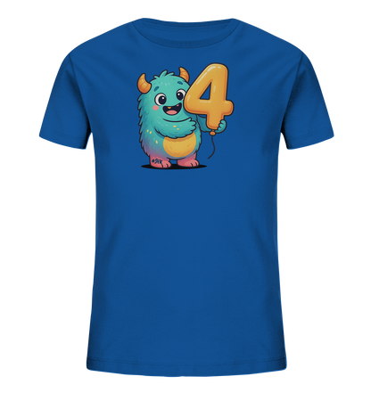 Onlineshop Shirts fuer Kinder - Das Bild zeigt ein blaues T-Shirt fuer Kinder mit einem aufgedruckten, freundlichen Cartoon-Monster. Das flauschige, tuerkisblaue Monster haelt einen orangefarbenen Ballon in Form der Zahl Vier in den Haenden. Das Design ist farbenfroh und spielerisch gestaltet, ideal fuer kleine Abenteurer.