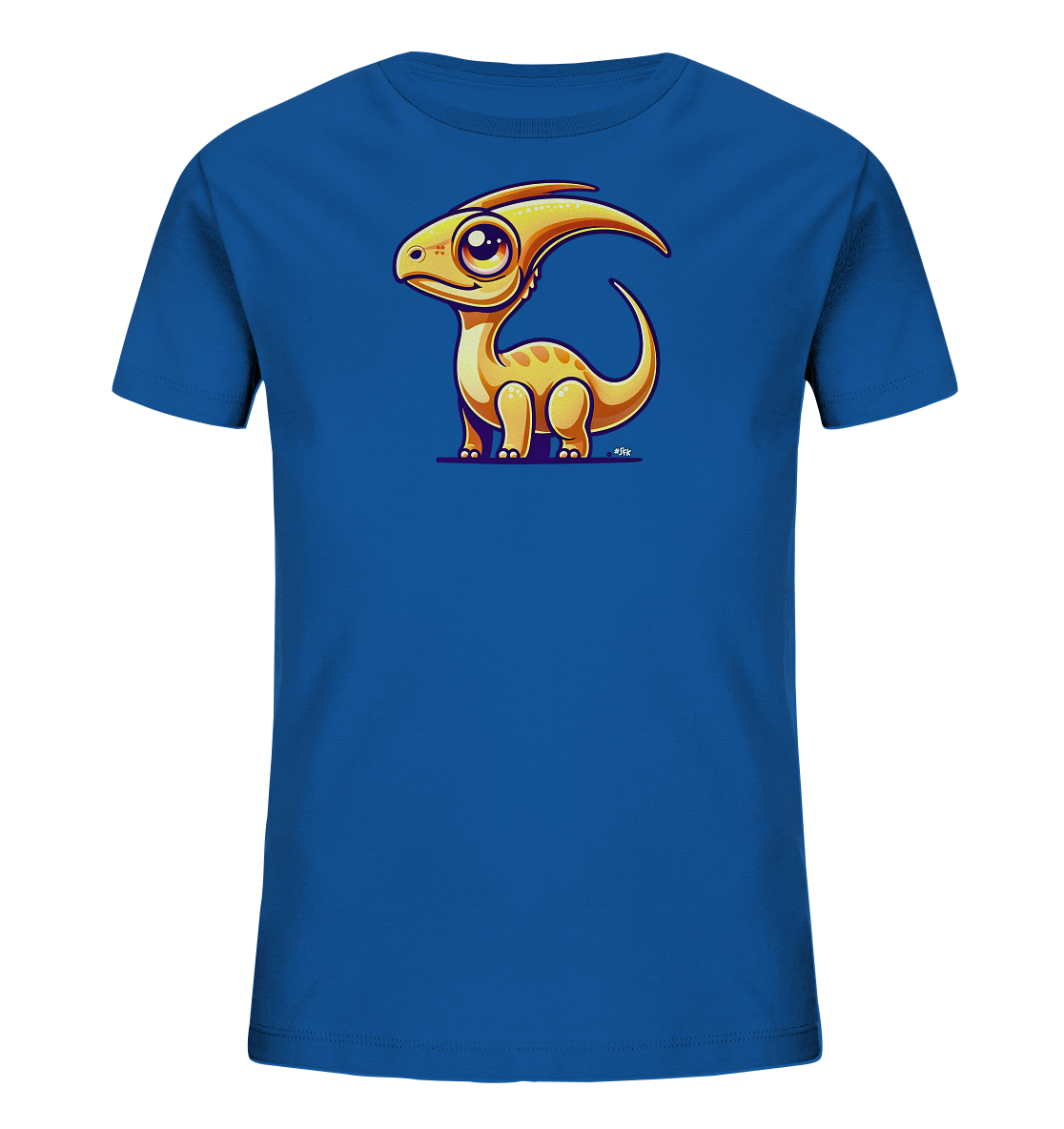Onlineshop Shirts fuer Kinder - Das Bild zeigt ein blaues Kinder-T-Shirt. Auf der Vorderseite ist eine niedliche, orangefarbene Cartoon-Illustration eines kleinen Dinosauriers mit grossen Augen und einem Kamm abgebildet. Der Dinosaurier steht auf einer lila Linie. Das Design wirkt freundlich und verspielt.