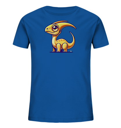 Onlineshop Shirts fuer Kinder - Das Bild zeigt ein blaues Kinder-T-Shirt. Auf der Vorderseite ist eine niedliche, orangefarbene Cartoon-Illustration eines kleinen Dinosauriers mit grossen Augen und einem Kamm abgebildet. Der Dinosaurier steht auf einer lila Linie. Das Design wirkt freundlich und verspielt.