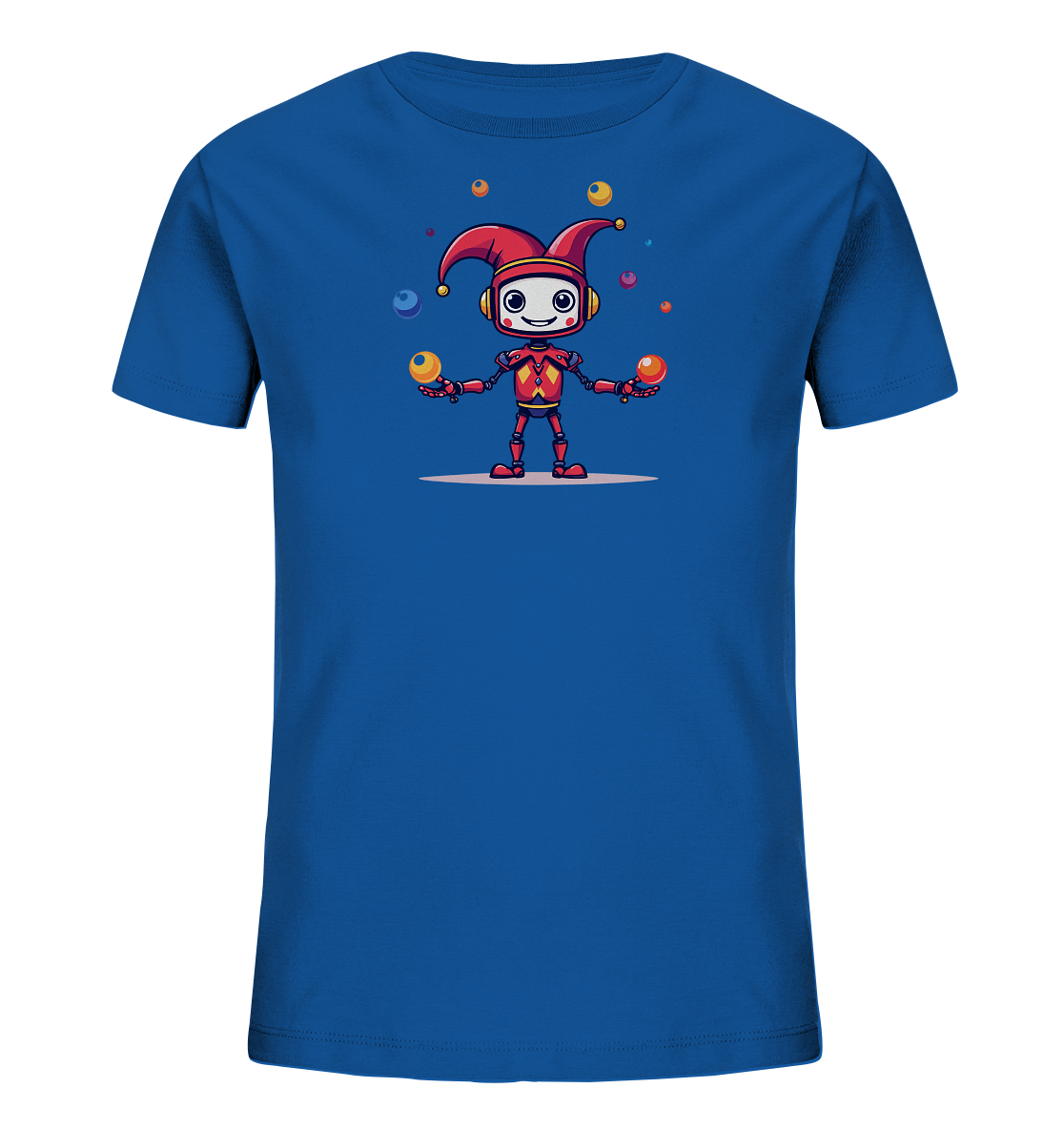 Onlineshop Shirts für Kinder - Das Bild zeigt ein blaues T-Shirt mit einem farbenfrohen Druck auf der Vorderseite. Der Druck stellt einen freundlichen Roboter dar, der eine rote Narrenkappe trägt und gerade bunte Bälle jongliert. Der Roboter hat Kopfhörer auf und lächelt fröhlich, während er gelbe, orangefarbene, blaue, grüne und rote Kugeln in der Luft hält. Dieses Motiv verleiht dem Shirt einen verspielten und unterhaltsamen Charakter, ideal für Kinder.