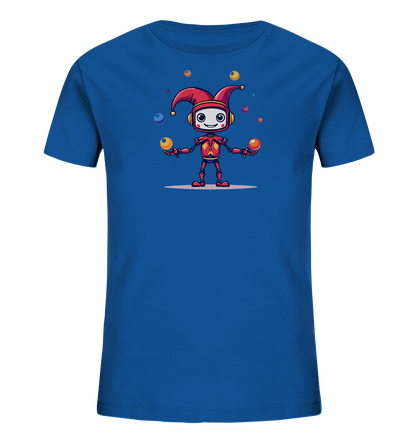 Onlineshop Shirts für Kinder - Das Bild zeigt ein blaues T-Shirt mit einem farbenfrohen Druck auf der Vorderseite. Der Druck stellt einen freundlichen Roboter dar, der eine rote Narrenkappe trägt und gerade bunte Bälle jongliert. Der Roboter hat Kopfhörer auf und lächelt fröhlich, während er gelbe, orangefarbene, blaue, grüne und rote Kugeln in der Luft hält. Dieses Motiv verleiht dem Shirt einen verspielten und unterhaltsamen Charakter, ideal für Kinder.