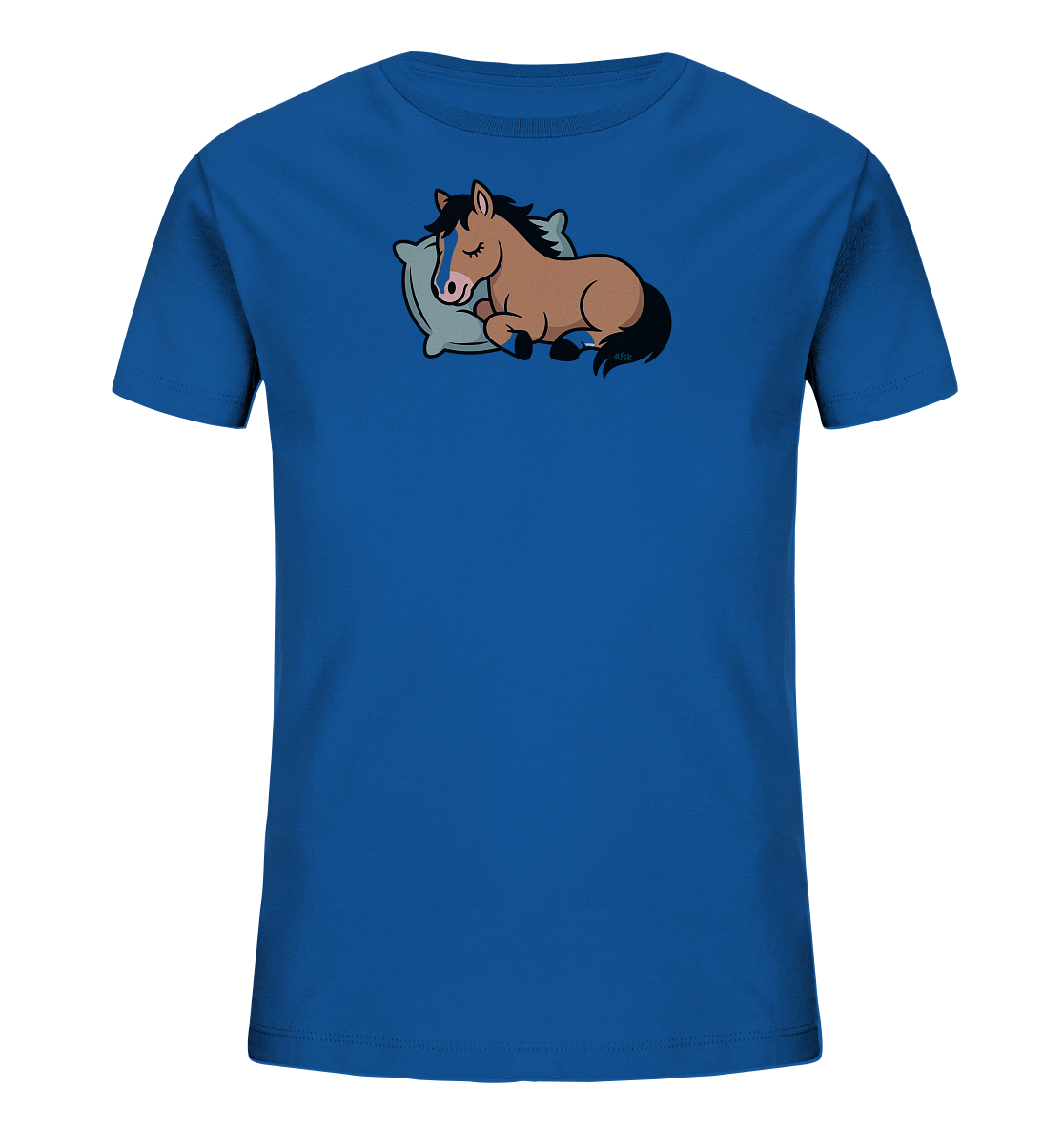 Onlineshop Shirts fuer Kinder - Das Bild zeigt ein koenigsblaues Kinder-T-Shirt mit einem niedlichen Aufdruck. Ein braunes Cartoon-Pferd liegt friedlich auf einem hellblauen Kissen und schlaeft. Das Motiv ist mittig auf der Vorderseite des Shirts platziert und wirkt ruhig sowie ansprechend. Das Design ist schlicht und dennoch charmant.
