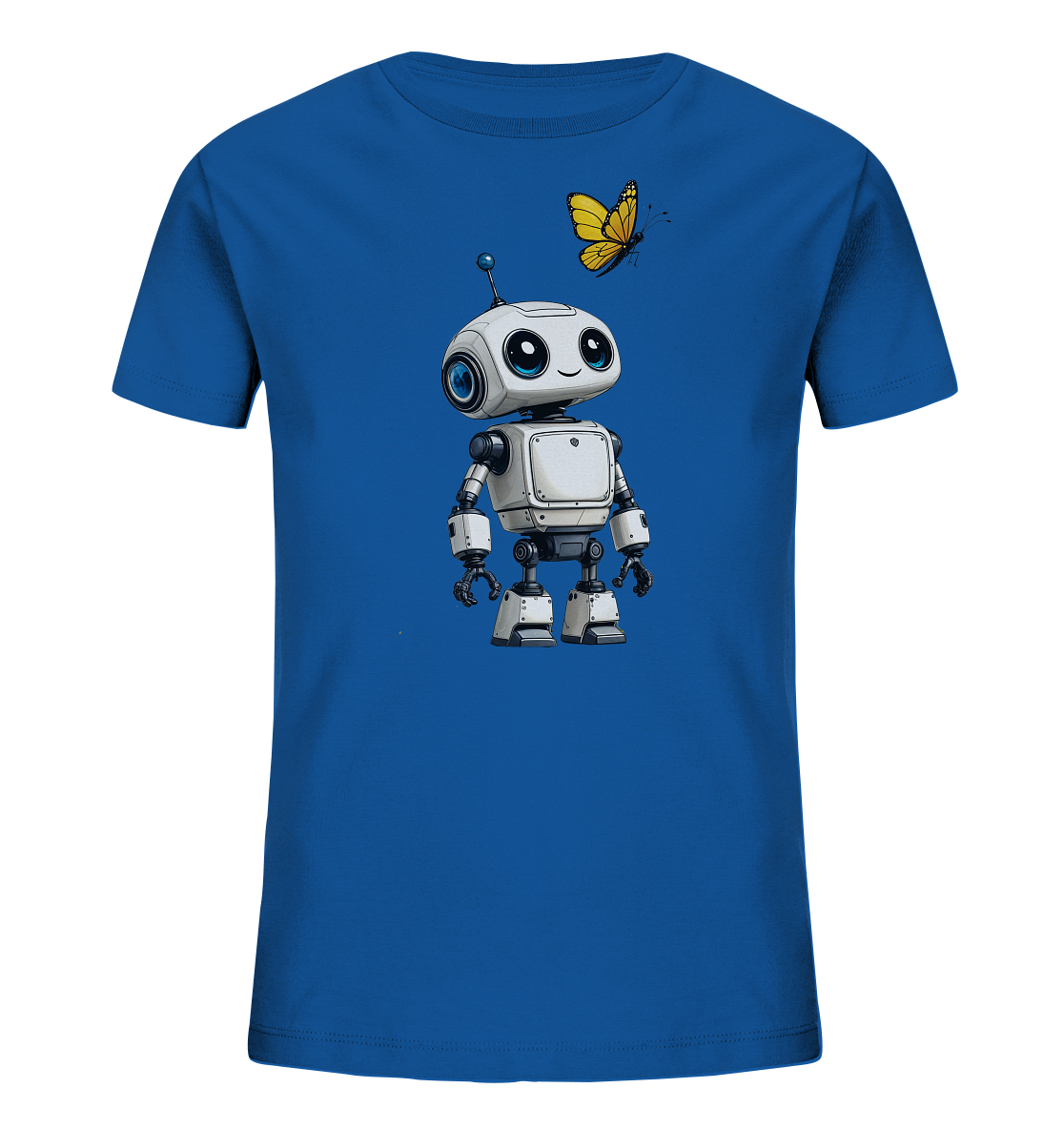 Onlineshop Shirts für Kinder - Das Bild zeigt die Vorderseite eines blauen Kinder-T-Shirts. Auf der Brust ist eine Illustration eines kleinen, freundlich aussehenden Roboters mit großen Augen und einer Antenne abgebildet. Über dem Roboter schwebt ein gelber Schmetterling. Das Design ist in einem klaren und ansprechenden Cartoon-Stil gehalten, ideal für Kinder.