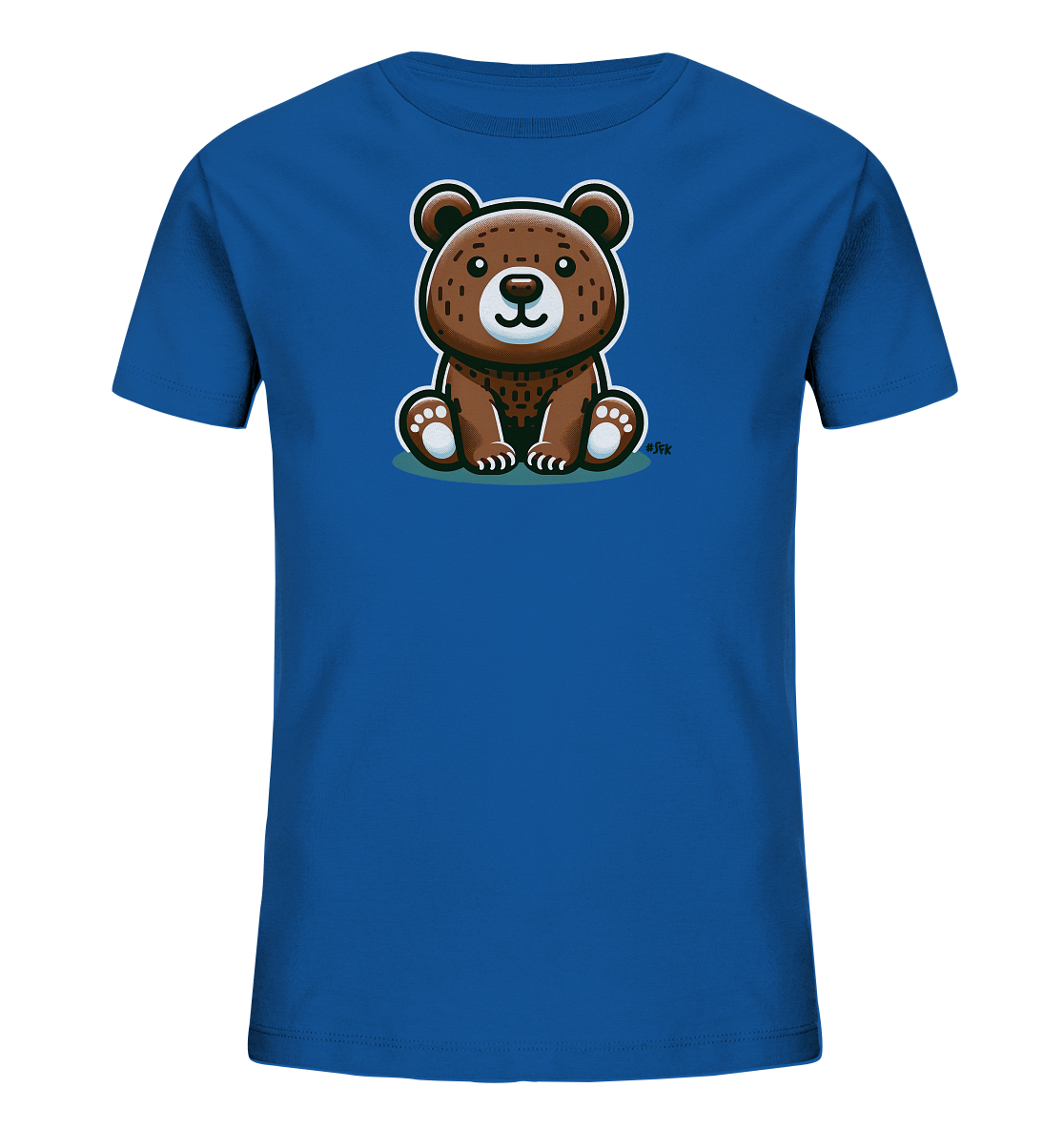 Onlineshop Shirts fuer Kinder - Das Bild zeigt ein blaues T-Shirt fuer Kinder. Darauf ist ein niedlicher, brauner Cartoon-Baer abgebildet. Der Baer sitzt aufrecht und hat einen freundlichen Ausdruck. Dieses Design ist ideal fuer verspielte Kinderkleidung.