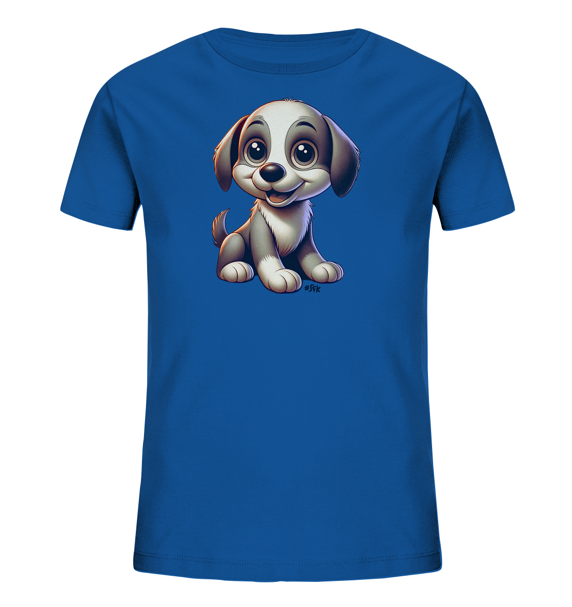 Onlineshop Shirts fuer Kinder - Das Bild zeigt ein blaues Kinder-T-Shirt mit einem niedlichen Cartoon-Welpen auf der Vorderseite. Der Welpe hat grosse, runde Augen und Ohren sowie ein freundliches Laecheln. Seine Fellfarbe ist grau und weiss, und er sitzt aufrecht. Das Design ist verspielt und ansprechend fuer Kinder.
