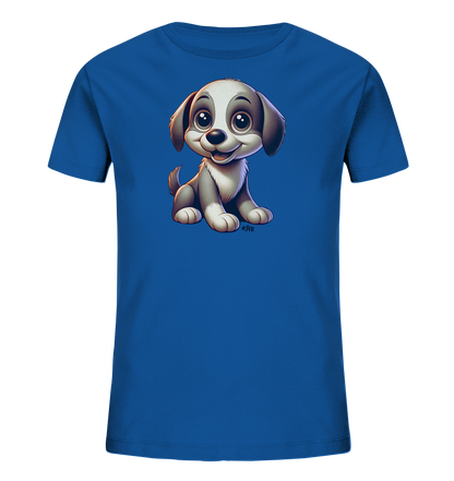 Onlineshop Shirts fuer Kinder - Das Bild zeigt ein blaues Kinder-T-Shirt mit einem niedlichen Cartoon-Welpen auf der Vorderseite. Der Welpe hat grosse, runde Augen und Ohren sowie ein freundliches Laecheln. Seine Fellfarbe ist grau und weiss, und er sitzt aufrecht. Das Design ist verspielt und ansprechend fuer Kinder.