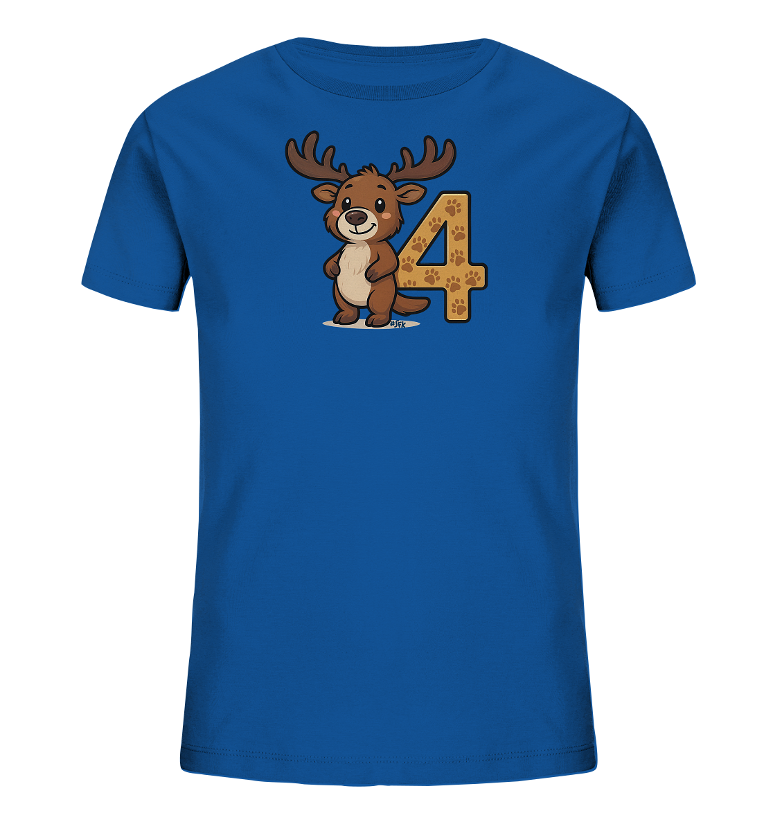 Onlineshop Shirts fuer Kinder - Das Bild zeigt ein blaues T-Shirt fuer Kinder mit einem niedlichen Cartoon-Hirsch auf der Vorderseite. Der Hirsch steht neben der grossen Zahl '4', die mit einem Pfotenmuster verziert ist. Das Design ist verspielt und farbenfroh.