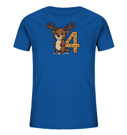 Onlineshop Shirts fuer Kinder - Das Bild zeigt ein blaues T-Shirt fuer Kinder mit einem niedlichen Cartoon-Hirsch auf der Vorderseite. Der Hirsch steht neben der grossen Zahl '4', die mit einem Pfotenmuster verziert ist. Das Design ist verspielt und farbenfroh.