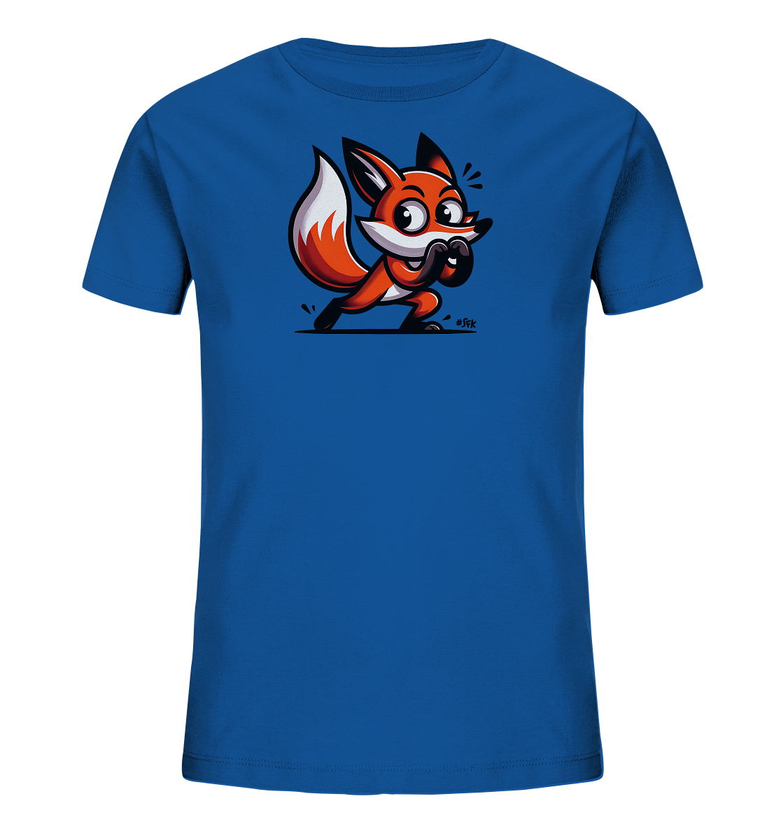 Onlineshop Shirts fuer Kinder - Das Bild zeigt ein blaues Kinder-T-Shirt mit einem lustigen Cartoon-Fuchs auf der Vorderseite. Der orange-weisse Fuchs hat grosse Augen und haelt die Pfoten vor den Mund, in einer ueberraschten oder schuechternen Pose dargestellt. Die Illustration ist dynamisch und farbenfroh. Dieses T-Shirt ist ein froehlicher Blickfang fuer Kinder.