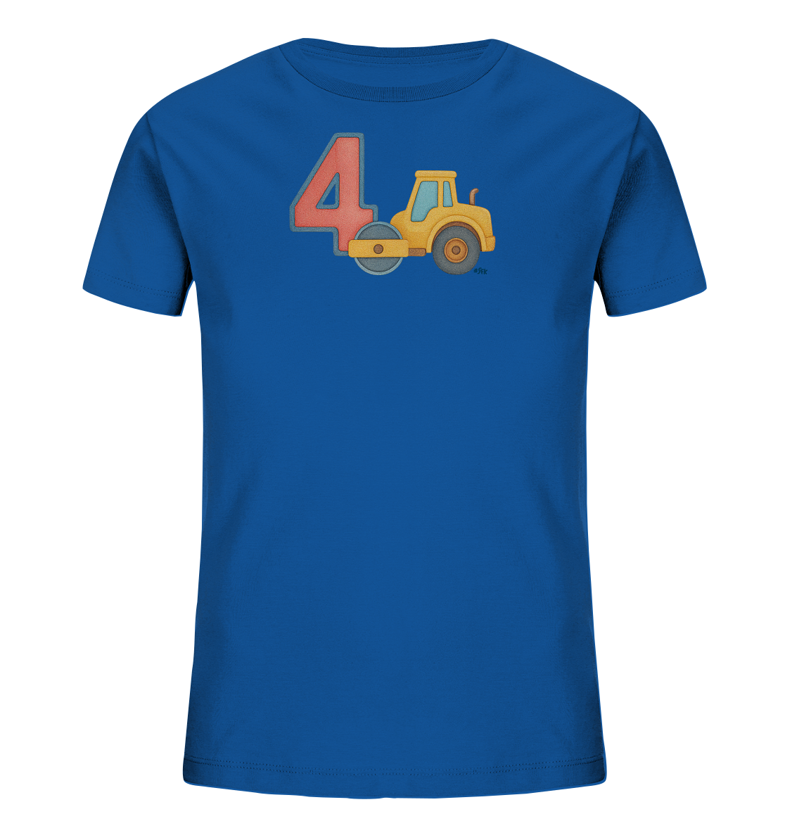 Onlineshop Shirts fuer Kinder - Auf diesem blauen T-Shirt fuer Kinder ist eine grosse, rote Zahl "4" zu sehen. Daneben befindet sich die Abbildung einer gelben Strassenwalze. Das Motiv ist in einem kindgerechten, leicht plastischen Stil gestaltet.