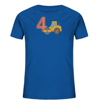 Onlineshop Shirts fuer Kinder - Auf diesem blauen T-Shirt fuer Kinder ist eine grosse, rote Zahl "4" zu sehen. Daneben befindet sich die Abbildung einer gelben Strassenwalze. Das Motiv ist in einem kindgerechten, leicht plastischen Stil gestaltet.