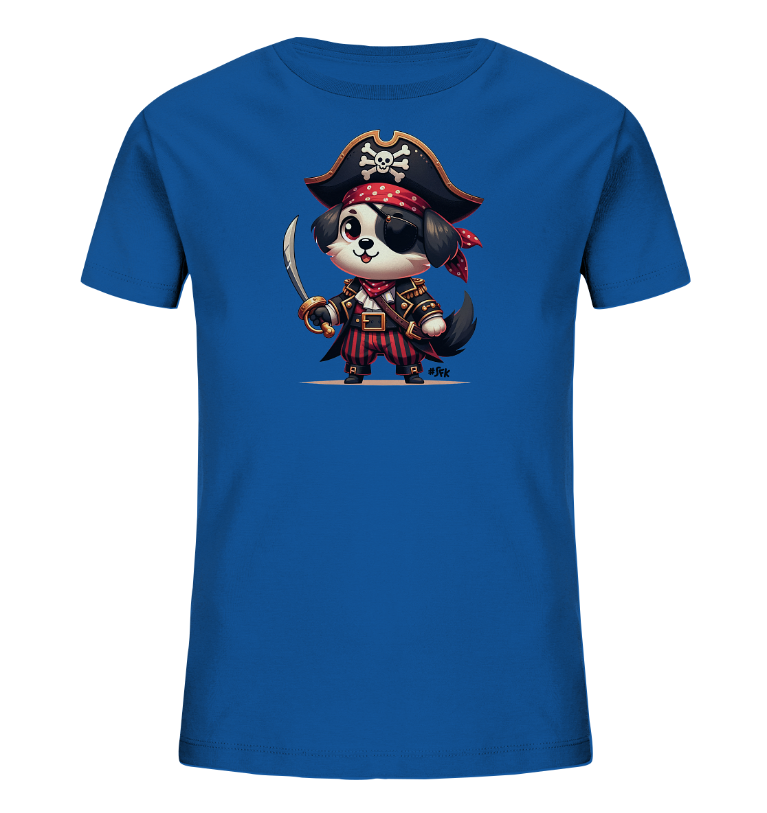 Kinder T-Shirt mit Cartoon-Piratenhund, Augenklappe, Hut und Säbel