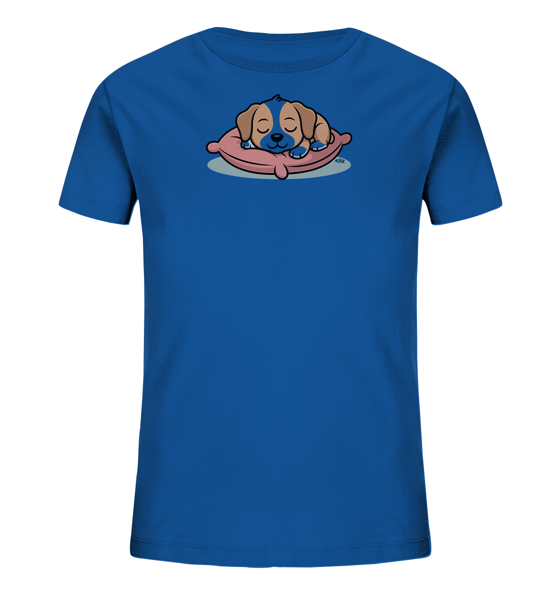 Onlineshop Shirts fuer Kinder - Das Bild zeigt ein blaues Kinder-T-Shirt mit einem niedlichen Tiermotiv auf der Vorderseite. Abgebildet ist ein kleiner, schlafender Welpe mit braunem und blauem Fell, der gemuetlich auf einem rosa Kissen liegt. Der Welpe hat geschlossene Augen und wirkt sehr friedlich. Das Design verleiht dem Shirt einen ruhigen und verspielten Charakter.