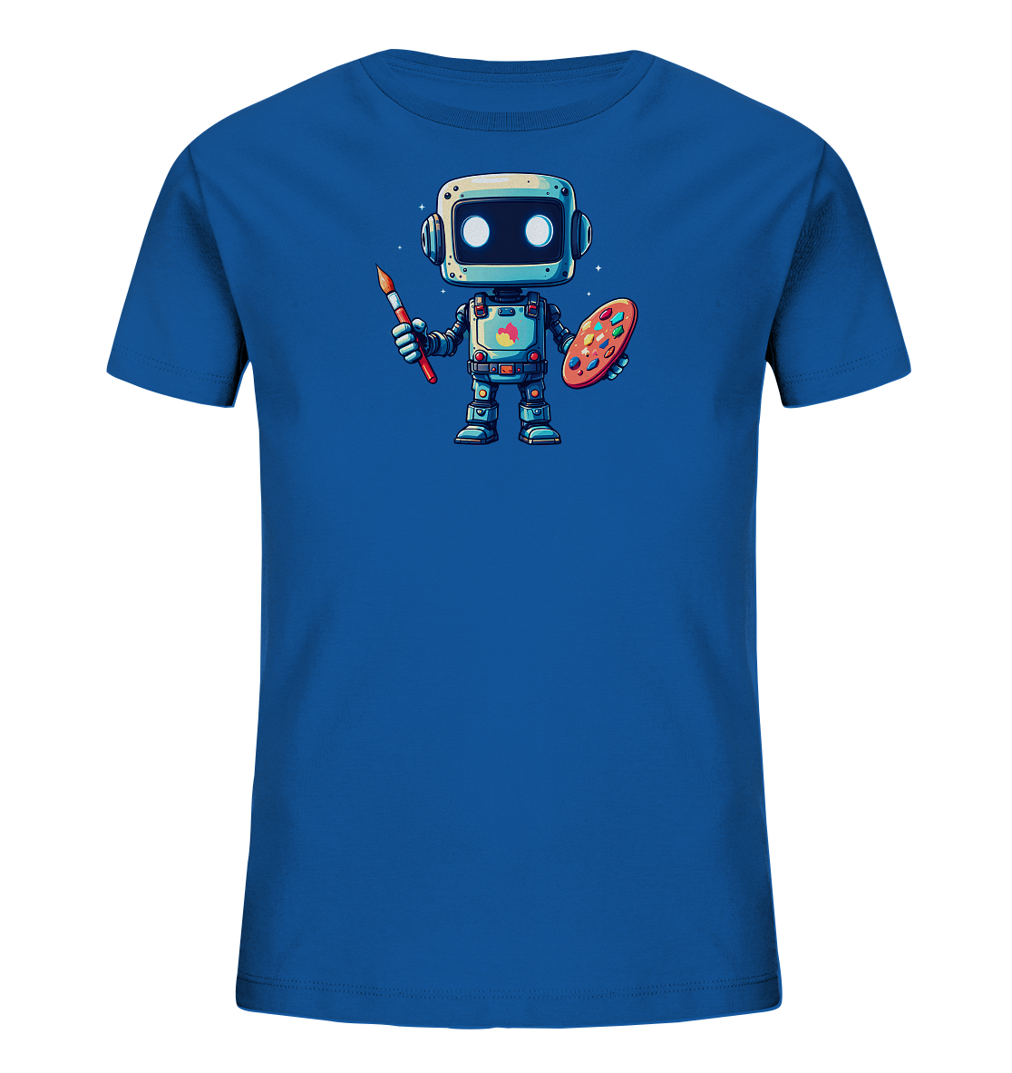 Onlineshop Shirts für Kinder - Das Bild zeigt ein königsblaues Kinder-T-Shirt auf neutralem Hintergrund. Auf der Vorderseite ist ein lustiger, cartoonhafter Roboter abgebildet, der einen Pinsel in der rechten Hand und eine Farbpalette in der linken Hand hält. Der Roboter hat einen eckigen Kopf mit großen, leuchtenden Augen und einen detaillierten Körper mit verschiedenen Knöpfen und Anzeigen. Die Illustration ist farbenfroh und verspielt gestaltet, was dem Shirt einen kreativen Charakter verleiht.