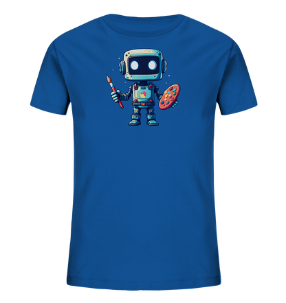 Onlineshop Shirts für Kinder - Das Bild zeigt ein königsblaues Kinder-T-Shirt auf neutralem Hintergrund. Auf der Vorderseite ist ein lustiger, cartoonhafter Roboter abgebildet, der einen Pinsel in der rechten Hand und eine Farbpalette in der linken Hand hält. Der Roboter hat einen eckigen Kopf mit großen, leuchtenden Augen und einen detaillierten Körper mit verschiedenen Knöpfen und Anzeigen. Die Illustration ist farbenfroh und verspielt gestaltet, was dem Shirt einen kreativen Charakter verleiht.