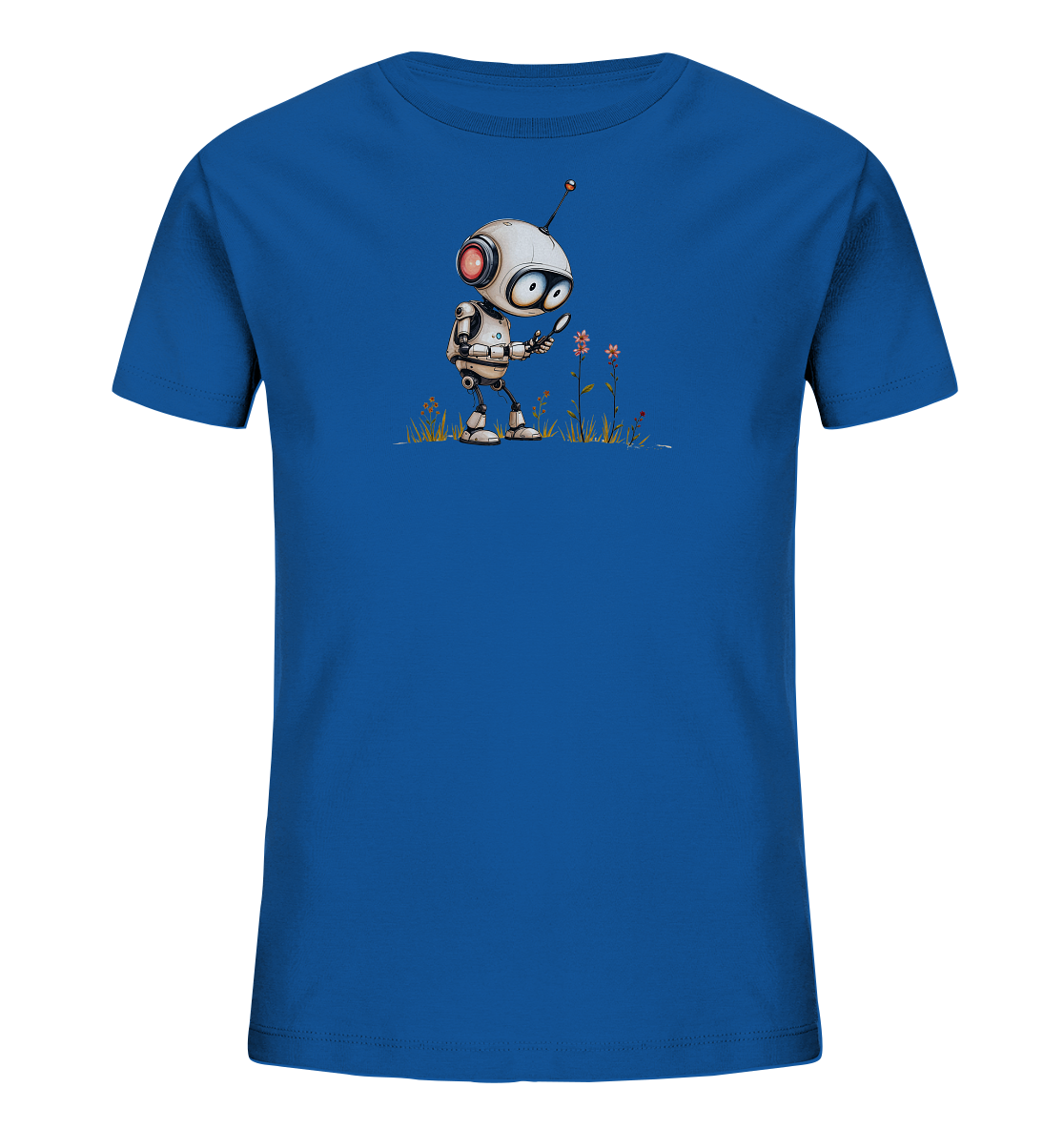 Onlineshop Shirts für Kinder - Das Bild zeigt ein strahlend blaues T-Shirt mit einem verspielten Aufdruck auf der Vorderseite. Die Grafik stellt einen kleinen, weißen Roboter mit roter Antenne und roten Akzenten dar. Der Roboter steht in einer Wiese mit bunten Blumen und Grashalmen und betrachtet eine Blume mit einer Lupe. Dieses Motiv verleiht dem Shirt einen neugierigen und wissenschaftlich angehauchten Charakter, ideal für junge Entdecker.