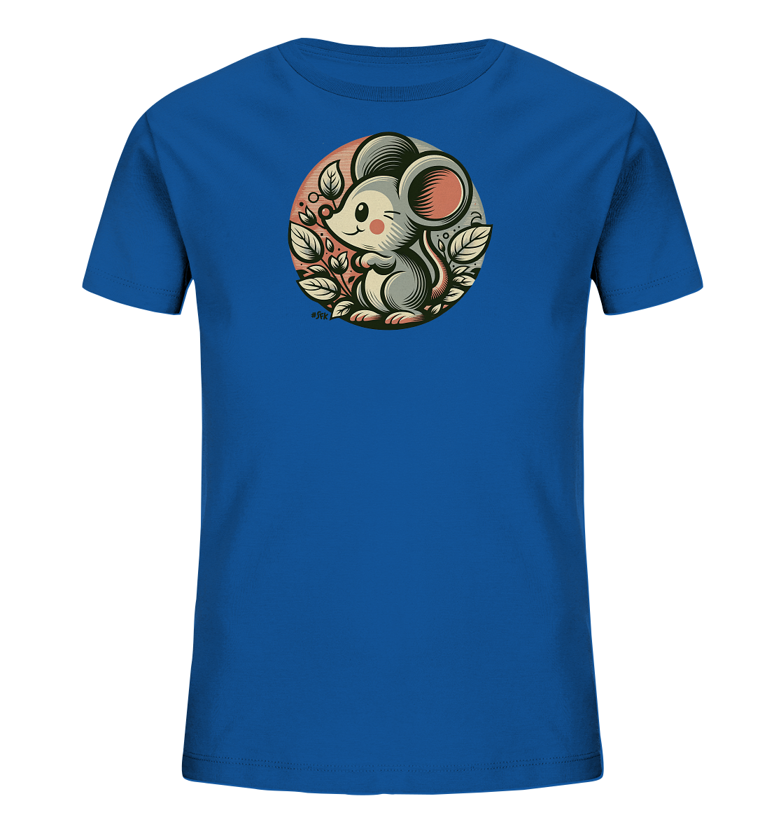 Onlineshop Shirts fuer Kinder - Das Bild zeigt ein blaues Kinder-T-Shirt. Auf der Vorderseite ist eine niedliche cartoonartige Maus in einem runden Design abgebildet. Die Maus sitzt inmitten von Blaettern und Zweigen, umgeben von einem farbigen Kreis. Dieses verspielte Motiv verleiht dem Shirt einen froehlichen und naturnahen Look.