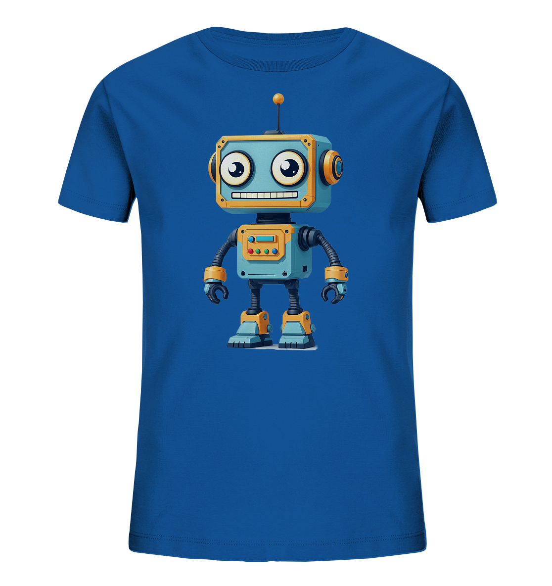 Onlineshop Shirts für Kinder - Das Bild zeigt ein blaues Kinder-T-Shirt, das auf der Vorderseite eine detaillierte Illustration eines freundlichen Cartoon-Roboters trägt. Der Roboter ist überwiegend blau mit orangefarbenen und gelben Akzenten und hat große, runde Augen sowie ein breites, lächelndes Maul. Sein Körper zeigt Elemente wie Knöpfe und Leuchten, und er besitzt eine Antenne auf dem Kopf. Das Design ist farbenfroh und ansprechend für Kinder.