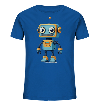 Onlineshop Shirts für Kinder - Das Bild zeigt ein blaues Kinder-T-Shirt, das auf der Vorderseite eine detaillierte Illustration eines freundlichen Cartoon-Roboters trägt. Der Roboter ist überwiegend blau mit orangefarbenen und gelben Akzenten und hat große, runde Augen sowie ein breites, lächelndes Maul. Sein Körper zeigt Elemente wie Knöpfe und Leuchten, und er besitzt eine Antenne auf dem Kopf. Das Design ist farbenfroh und ansprechend für Kinder.