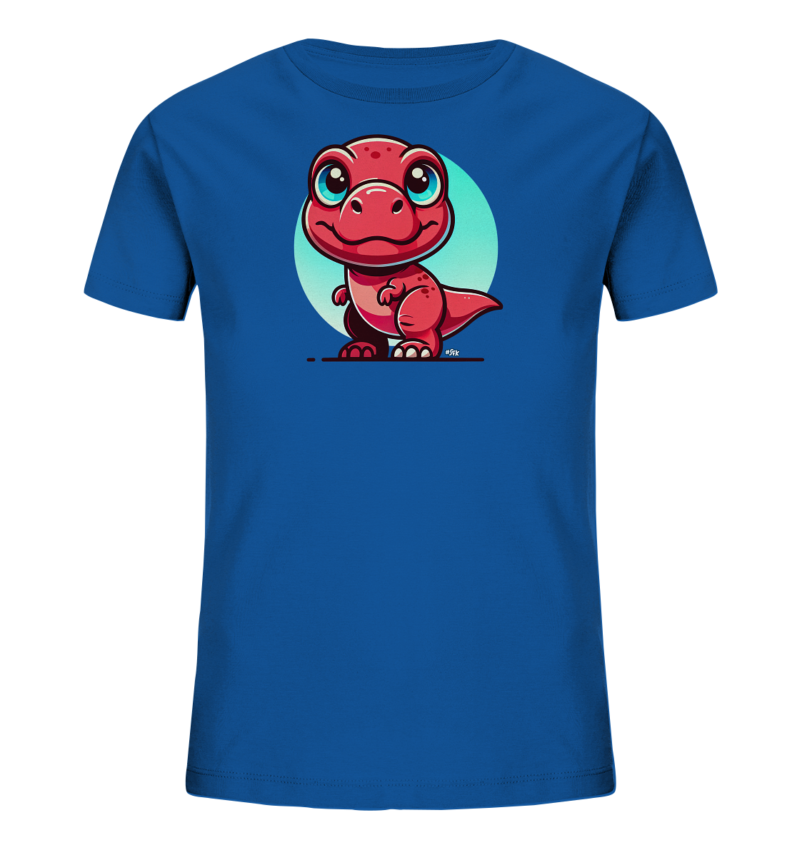 Onlineshop Shirts für Kinder - Das Bild zeigt ein blaues T-Shirt für Kinder, auf dessen Vorderseite ein farbenfroher Druck zu sehen ist. Das zentrale Motiv ist ein niedlicher, cartoonartiger roter Dinosaurier mit großen blauen Augen und einem freundlichen Lächeln. Der Dinosaurier steht vor einem hellen, türkisfarbenen Kreis, der das Design abrundet. Dieses Shirt ist mit seinem lustigen Dino-Motiv ideal für kleine Dinosaurier-Fans.
