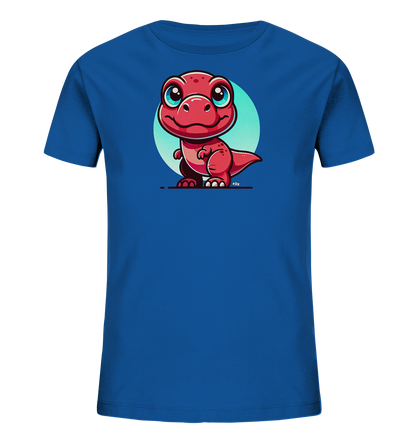 Onlineshop Shirts für Kinder - Das Bild zeigt ein blaues T-Shirt für Kinder, auf dessen Vorderseite ein farbenfroher Druck zu sehen ist. Das zentrale Motiv ist ein niedlicher, cartoonartiger roter Dinosaurier mit großen blauen Augen und einem freundlichen Lächeln. Der Dinosaurier steht vor einem hellen, türkisfarbenen Kreis, der das Design abrundet. Dieses Shirt ist mit seinem lustigen Dino-Motiv ideal für kleine Dinosaurier-Fans.