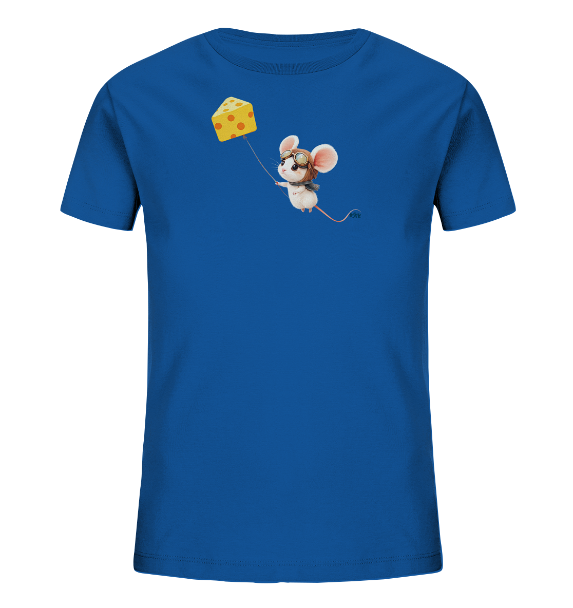Onlineshop Shirts fuer Kinder - Das Bild zeigt ein leuchtend blaues Kinder-T-Shirt mit einem fantasievollen Motiv auf der Vorderseite. Eine kleine, cremefarbene Maus traegt eine Pilotenmuetze und Fliegerbrille. Sie haelt eine Schnur, an der ein gelber Kaesestueck wie ein Ballon schwebt. Das Design vermittelt einen verspielten und abenteuerlichen Eindruck.