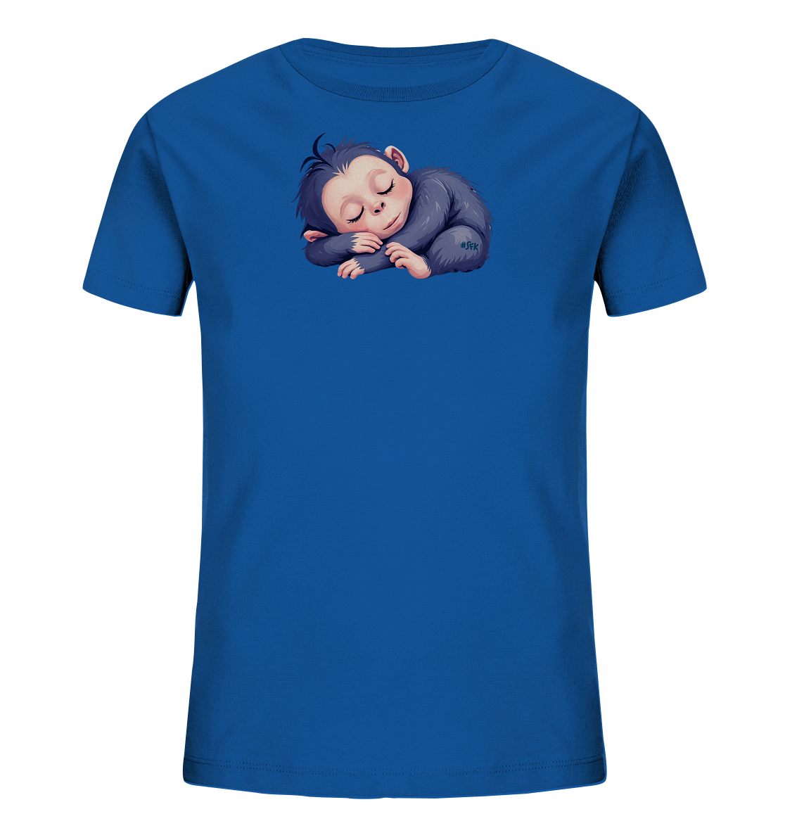 Onlineshop Shirts fuer Kinder - Das Bild zeigt ein blaues Kinder-T-Shirt mit einem niedlichen Motiv auf der Vorderseite. Darauf ist ein schlafendes Baby eines Primaten, moeglicherweise ein Affe oder Schimpanse, abgebildet. Das Tier ist dunkelgrau gezeichnet und liegt friedlich zusammengerollt mit geschlossenen Augen. Das Design wirkt beruhigend und ist ideal fuer Kinder.